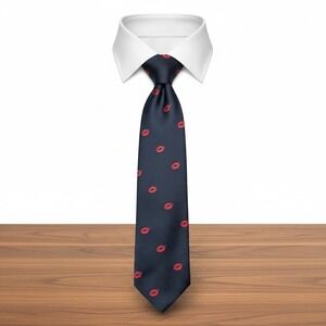 Vintage Prince Consort Navy Blue Red Lips Print Silk Blend Necktie USA Made